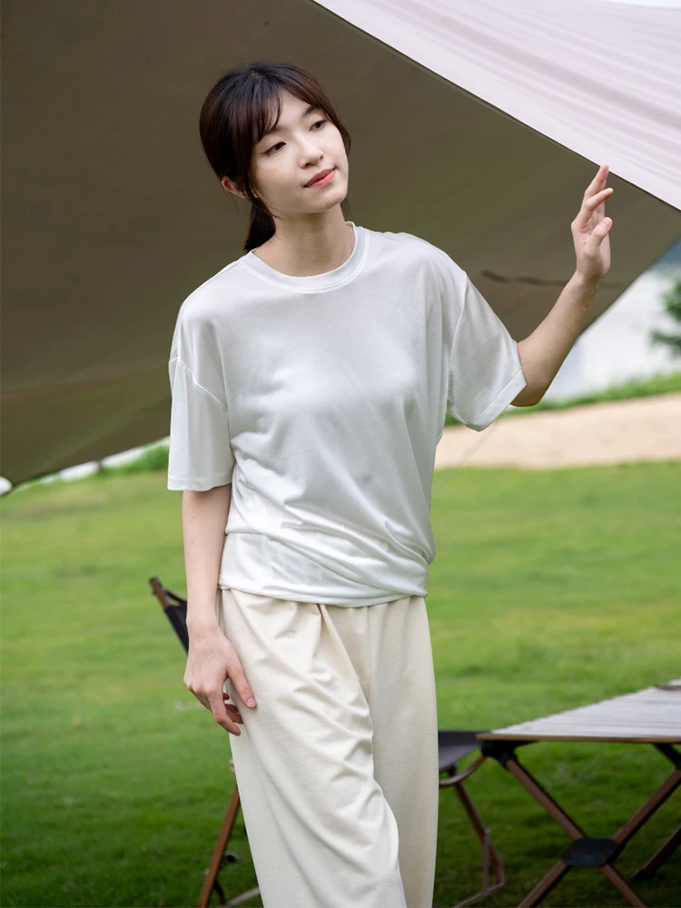 

Женская футболка свободного кроя из смесовой ткани (ацетат, вискоза, модал, хлопок) с круглым вырезом, дышащая, летняя, базовая модель с коротким рукавом