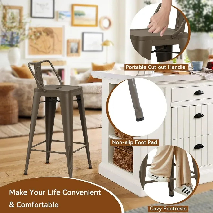 Zestaw 4 stołków barowych z oparciem w stylu industrial metal, stołki barowe o wysokości blatu do kuchni domowej, wytrzymałe i stylowe, wysokość 26 cali.