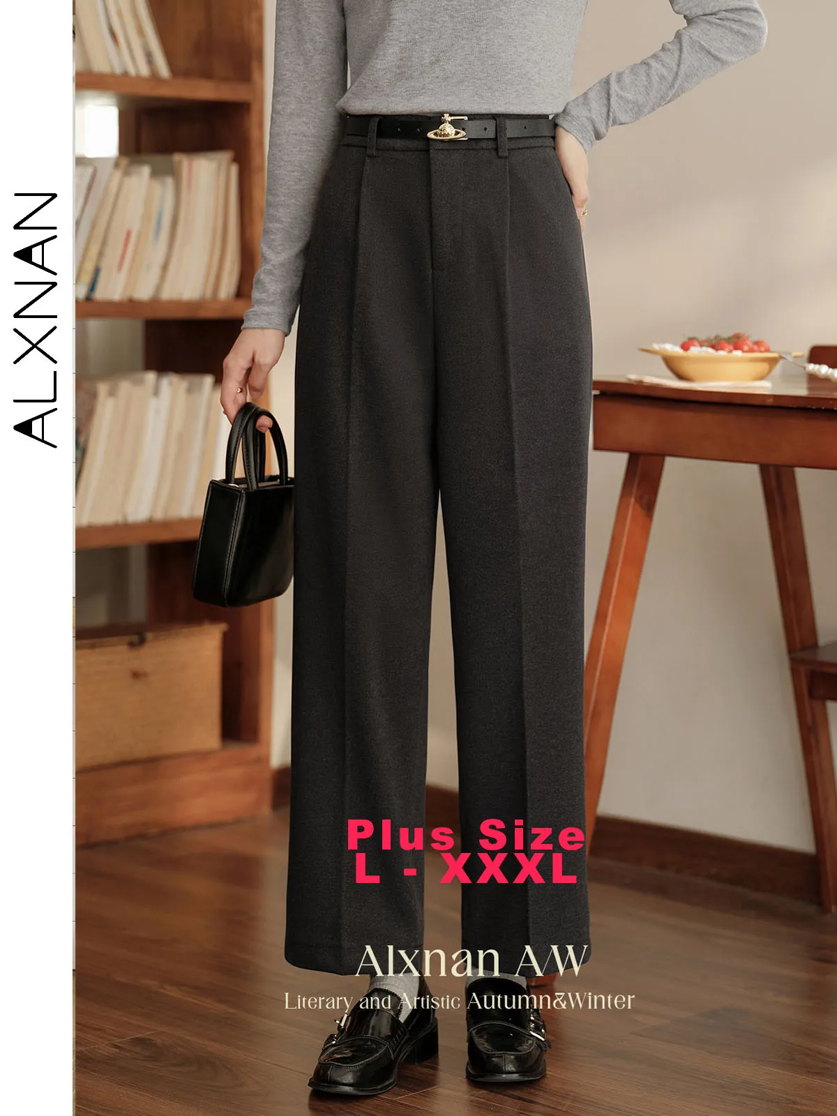 ALXNAN Plus Size Women's Black Pants Autumn Fashion Straight Casual Wide-leg Pants Office Lady Elegant Baggy Trousers D08528-1