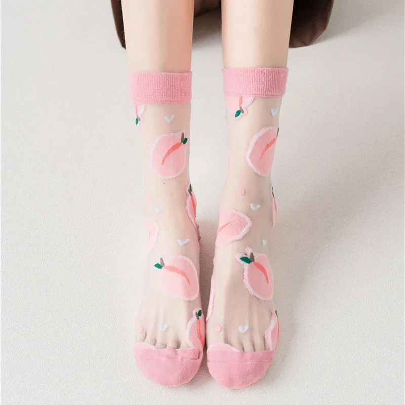Calzini di seta di cristallo con ricamo di frutta di moda calda Calzini da donna trasparenti sottili estivi di alta qualità Calzini di seta di vetro Harajuku