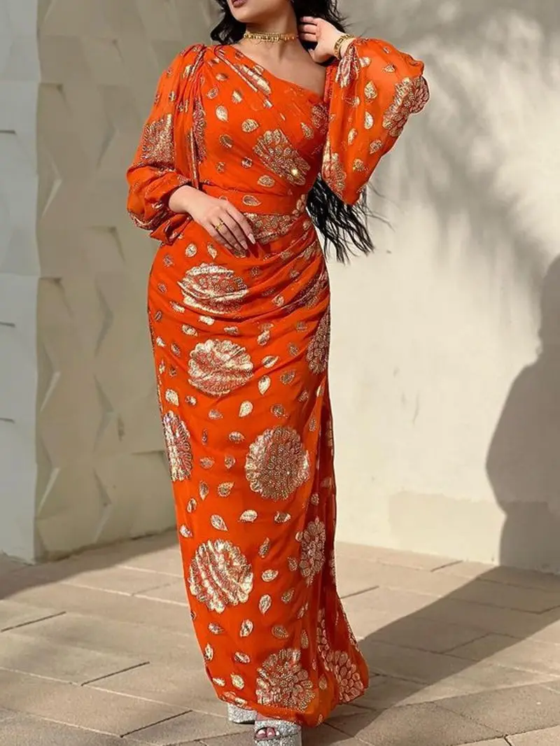 Fashion Floral Gold Stamping Sexy Chiffon Dress Turkish Dubai Luxury Evening Party Elegant Puff Sleeve Gown