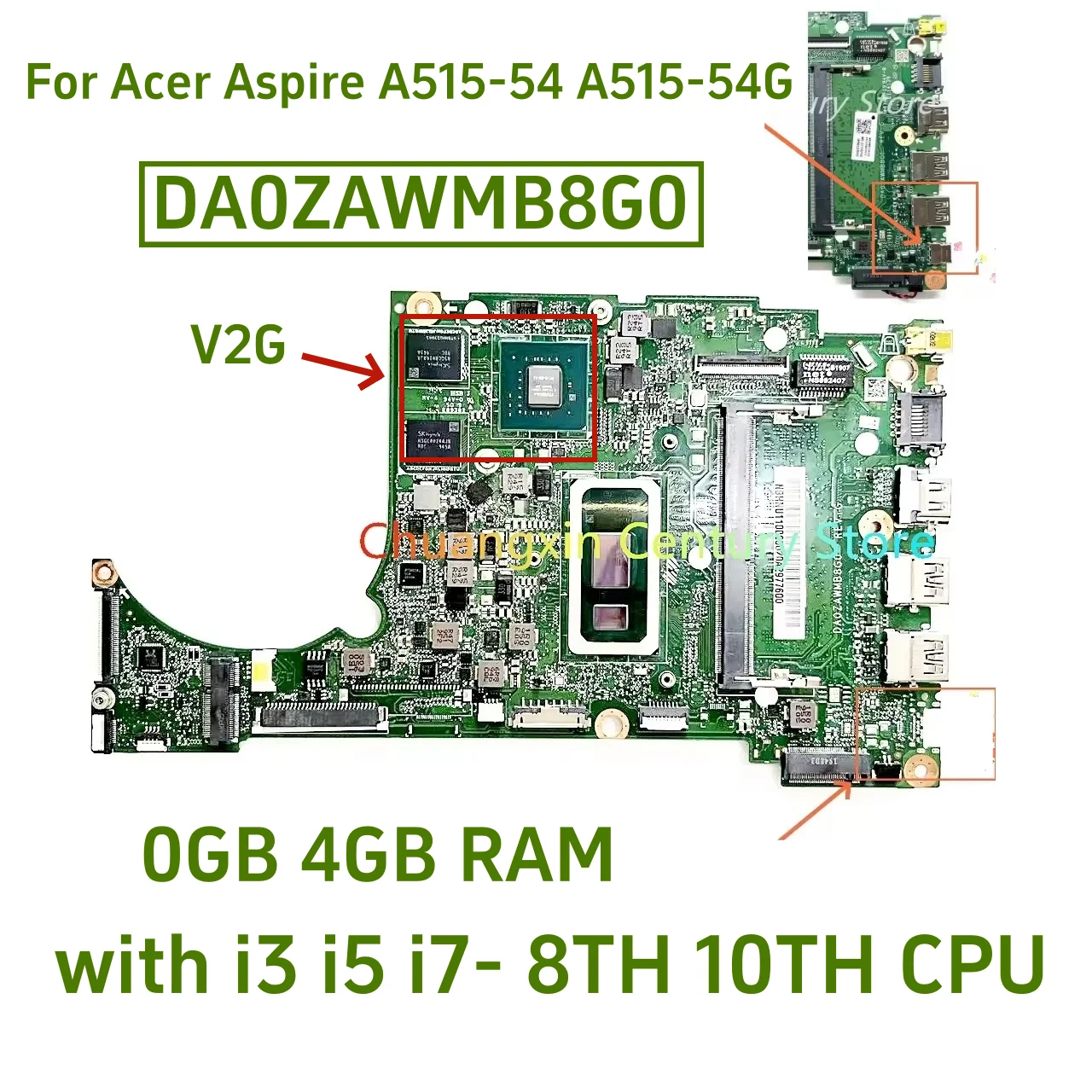 

DA0ZAWMB8G0/DA0ZAWMB8E0 is suitable for Acer A515-55 notebook computer motherboard with I3 I5 I7-10TH GPU 2G RAM:0G/4G