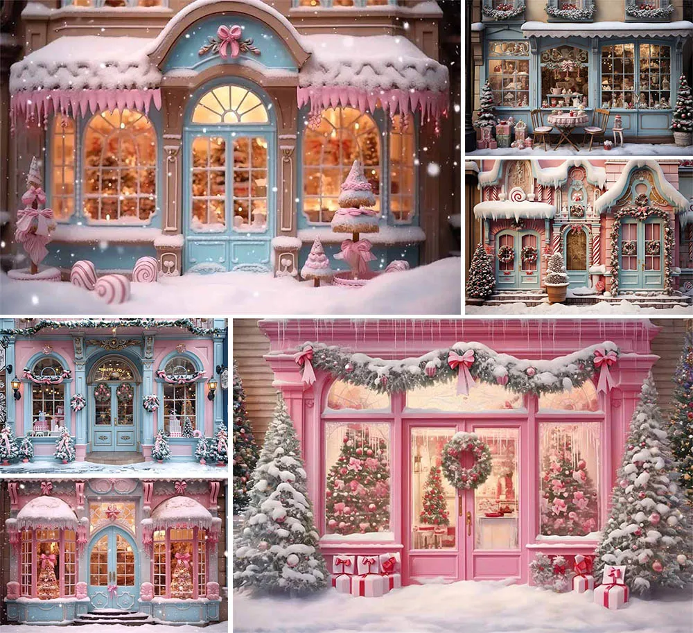 

Mehofond Winter Christmas Candy Store Photography Backdrop Kids Family Holiday Portrait Snowland Xmas Pink Gift Decor Background