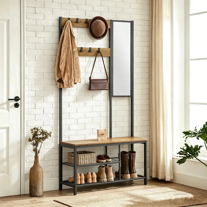 Modern Design Hall Tree with Shoe Bench and 9 Movable Hooks Entryway Coat Rack