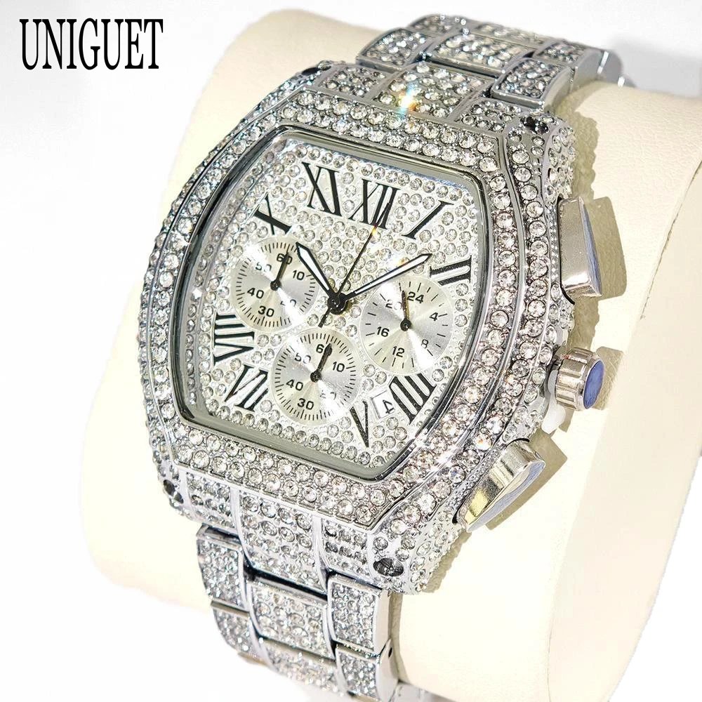 

2025 Ice Watches Men Fashion Brand UNIGUET Luxury Stainless Steel Waterproof Quartz Watch Male Hip Hop Diamond Bling Wristwatch