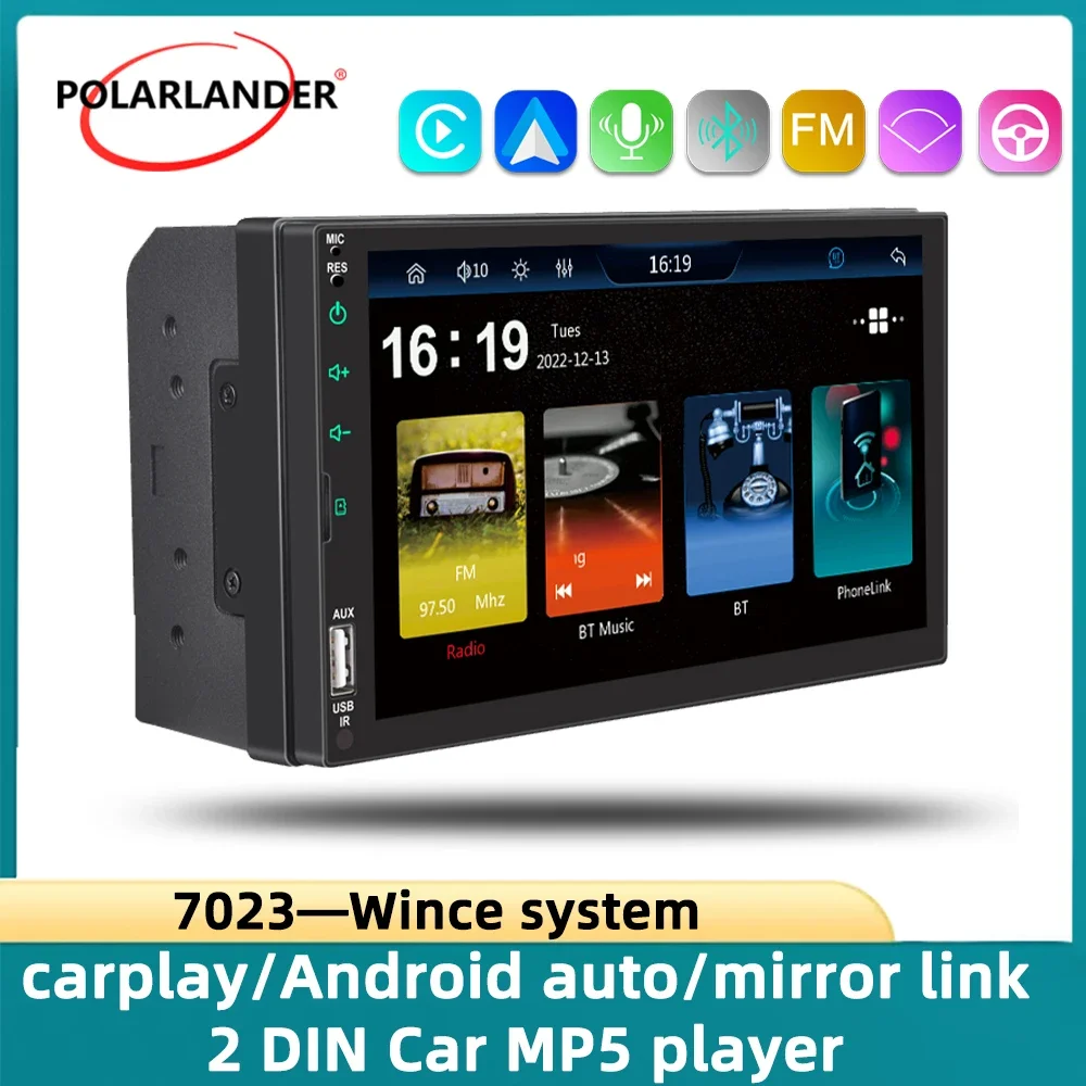 Car MP5 Stereo 7'' 2 Din Capacitive Screen Player Bluetooth FM/EQ/USB/TF/AUX Hands-free Wireless Carplay Android Auto MirrorLink