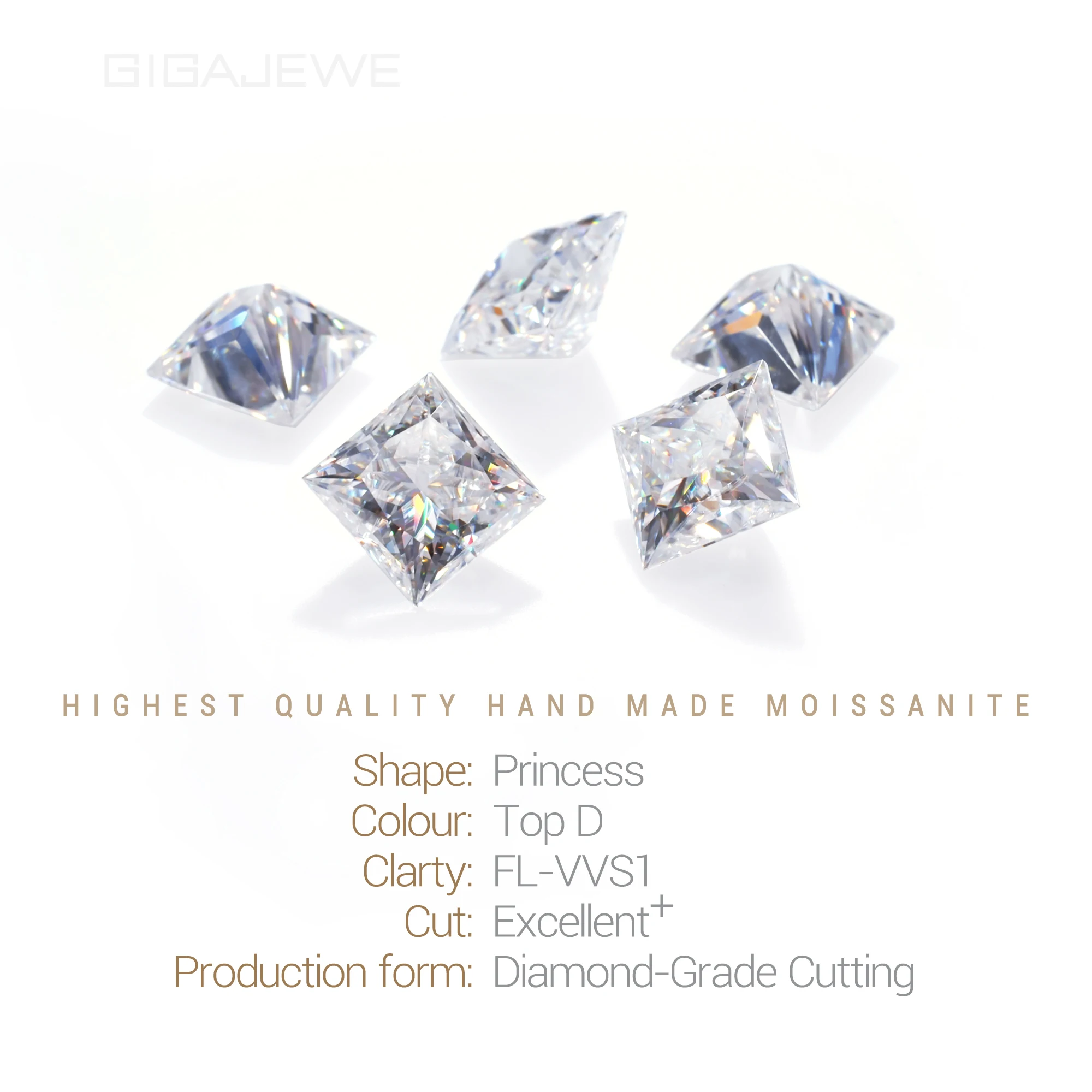 GIGAJEWE  Moissanite Hand Made Princess White TOP D VVS1 Premium Gems Loose Diamond Test Passed Gemstone For DIY Jewelry Making