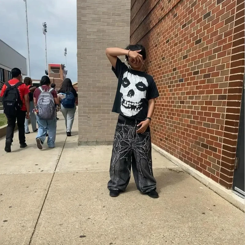 Y2K Baggy jeans Gothic Oversized embroidered spider patchwork wide leg pants American hip hop street style men women floor pants