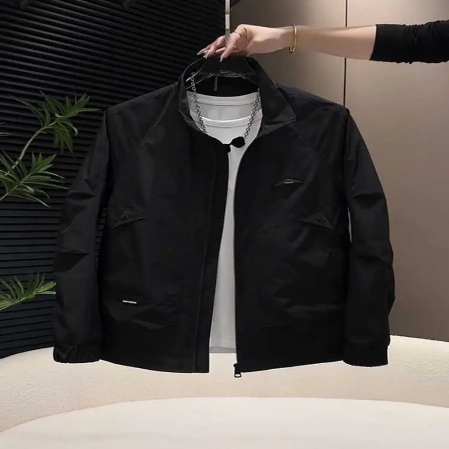 

Faionable Stand Collar Men's Jaet Casual American Sle Versatile Lightweight Windproof Polyester Outerwear for Teens