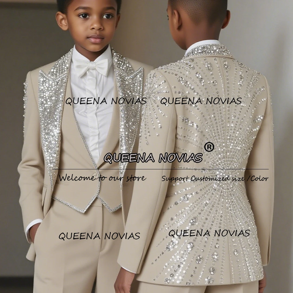 بدلات للأولاد مطرزة بالكريستال الرائعة لحفلات الزفاف مع طية صدر السترة للحفلات الراقصة مخصصة للأطفال فستان سهرة لحفلات أعياد ميلاد الأطفال #2