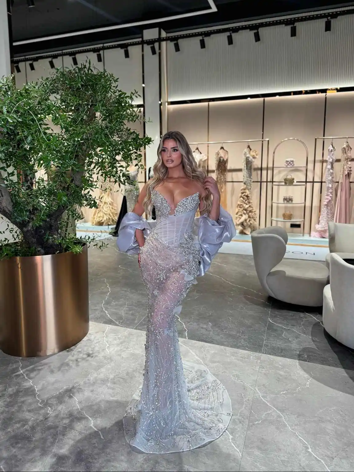 Vestidos de noche con cuentas brillantes, cristales sin tirantes, vestidos de fiesta de sirena, tren de barrido, vestidos de fiesta de celebridades hechos a medida