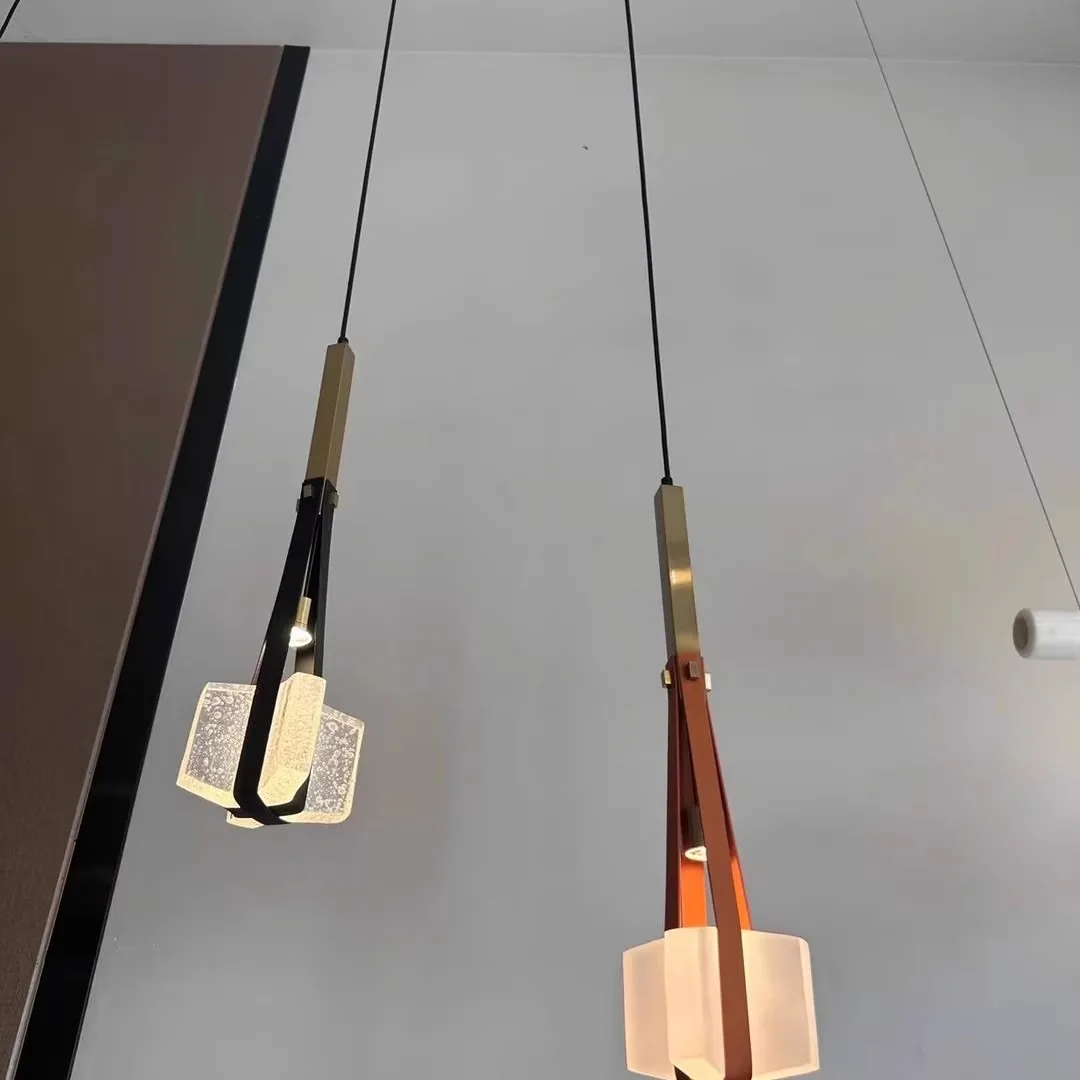 

Modern Brown Leather Pendant Light for Dining Room Living Room Bedroom Bar Counter Kitchen with Transparent Glass Decoration