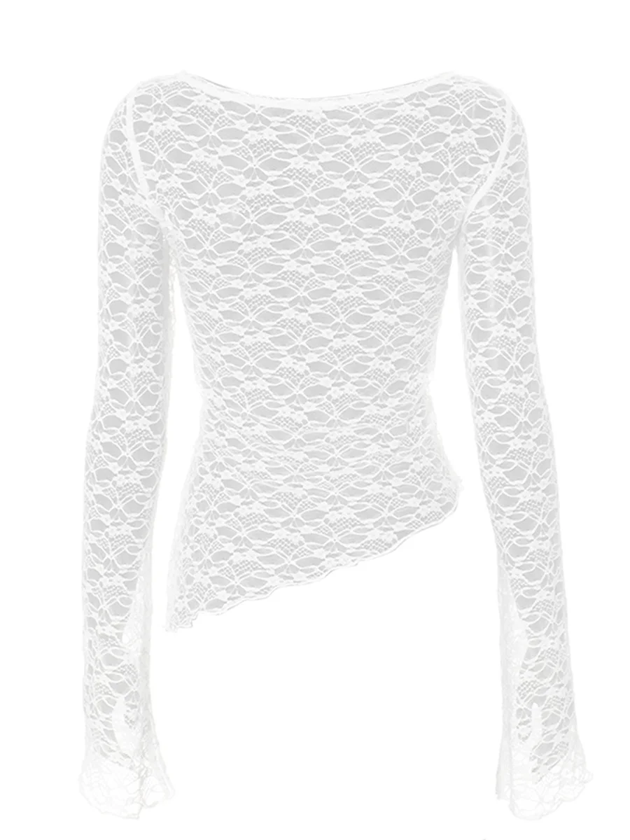 Tops de encaje para mujer, camisa asimétrica de manga larga con cuello barco transparente, ropa de calle informal