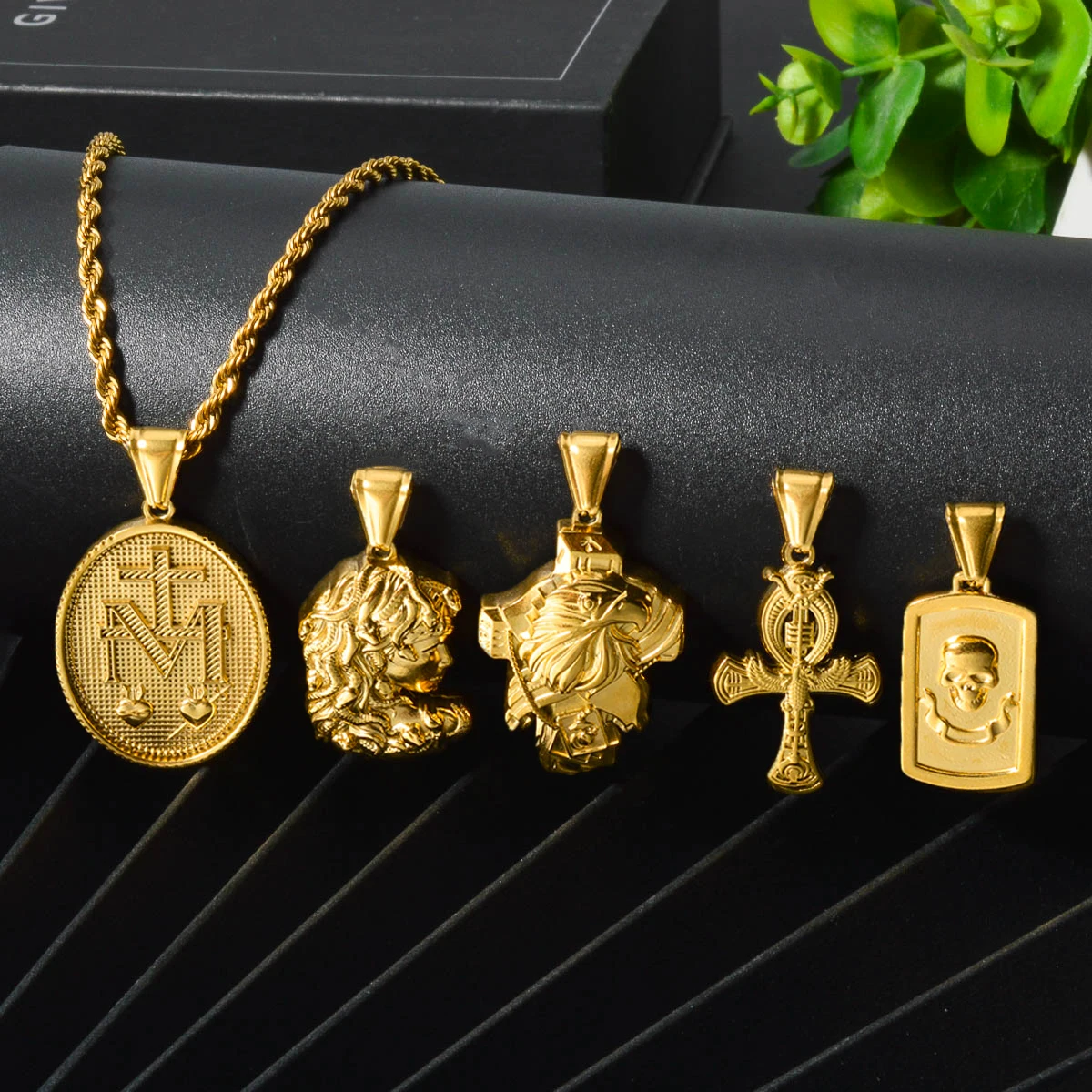 Gold Plated Stainless Steel Pendant Necklace for Men Religious Ankh Cross Jesus Coin Skull Dog Tag Charm Chain Jewelry Gift