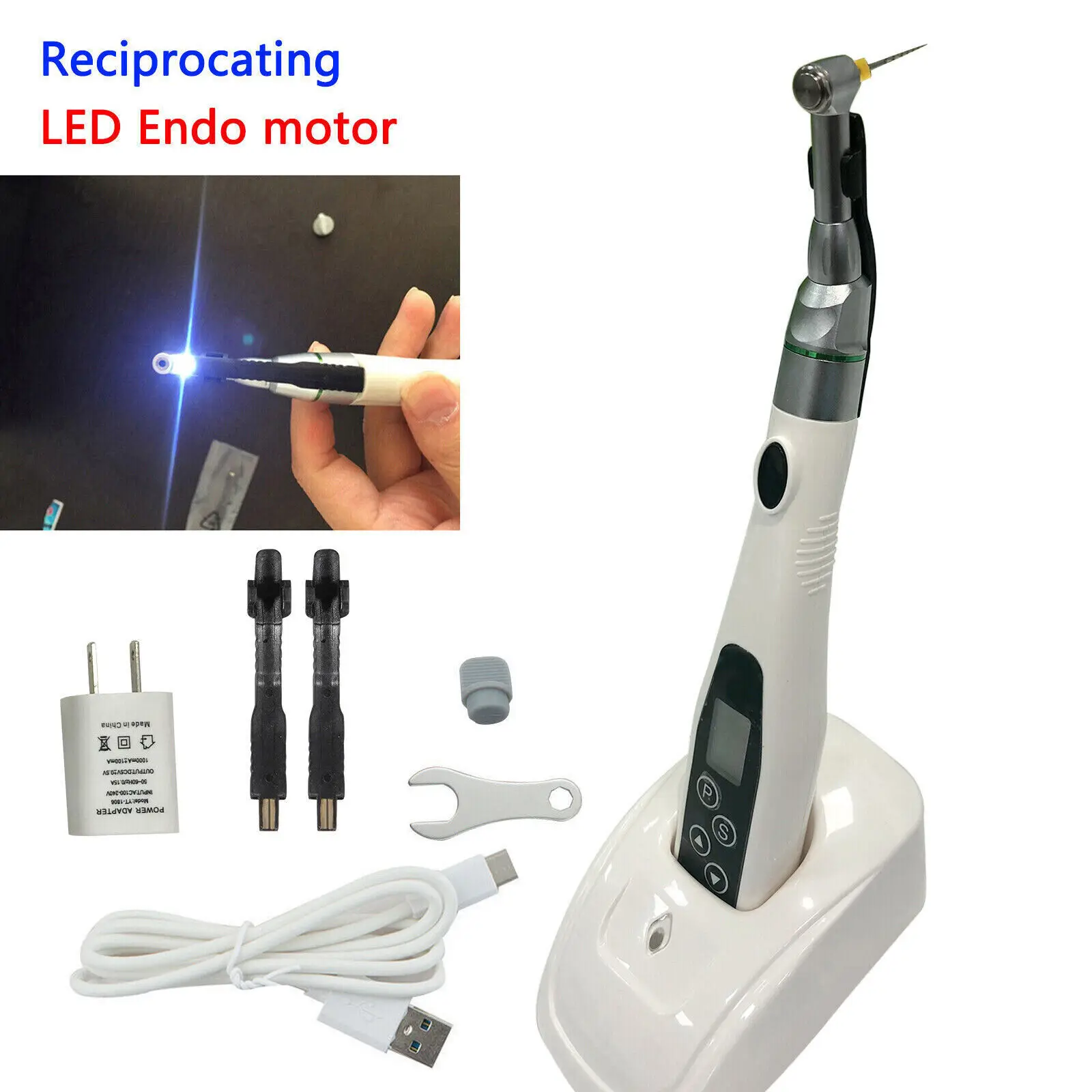 Dental Wireless Cordless LED Endo Motor 16:1 Contra Angle Endodontic Root Canal Treatment/6PCS Niti Rotary Files 21/25/31MM