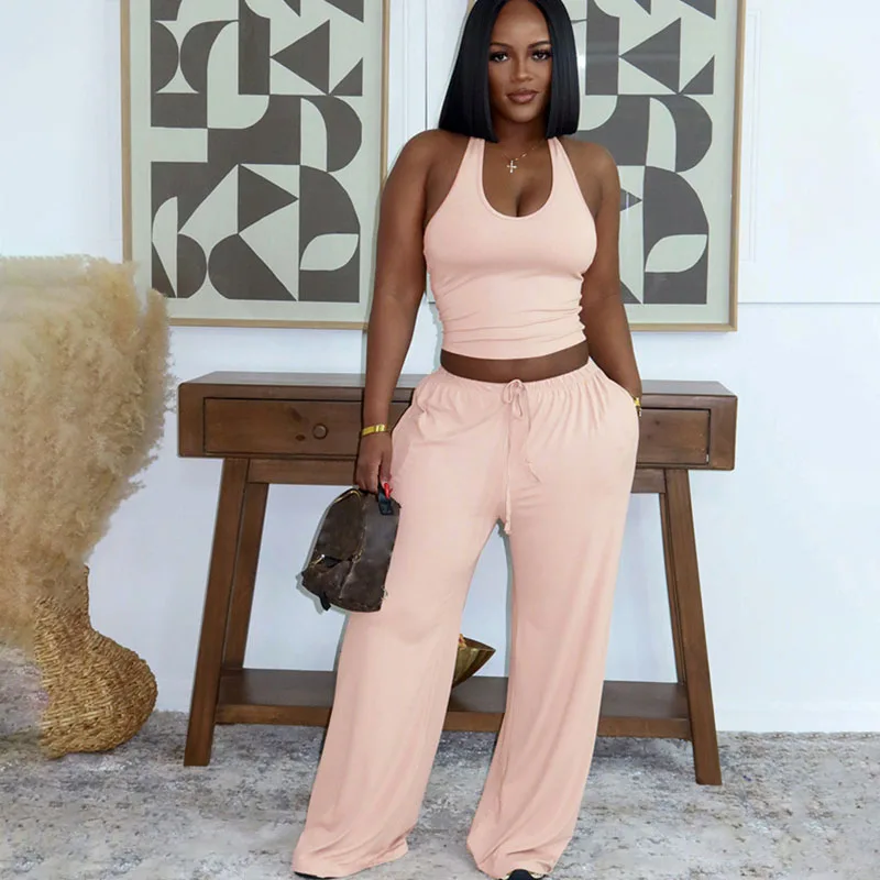 

Doyerl Solid Casual 2 Pieces Set for Women Active Wear Fitness Workout Outfit Halter Tank Crop Top and Sweatpants Ensemble Sport
