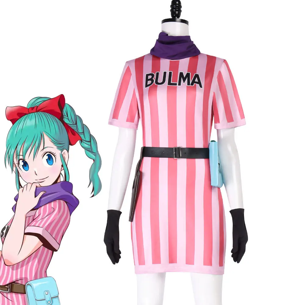 

Anime Bulma Cosplay Costumes Striped Pink Dress Halloween Christmas Carnival Dressing For Women