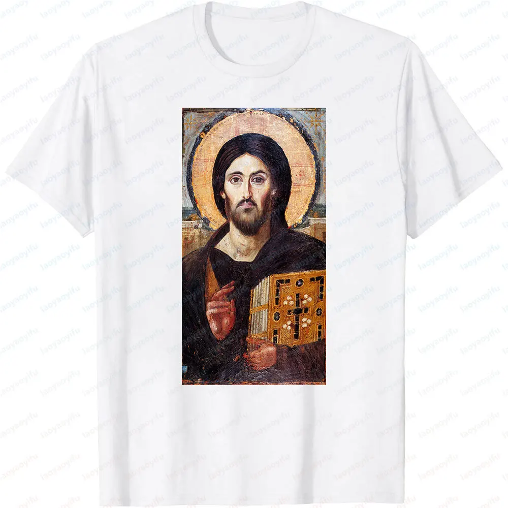 Jesus Christ Pantocrator Icon Sinai Orthodox Christian Man Gift Printed T-Shirt Summer Women Short Sleeve Cotton Unisex T Shirt
