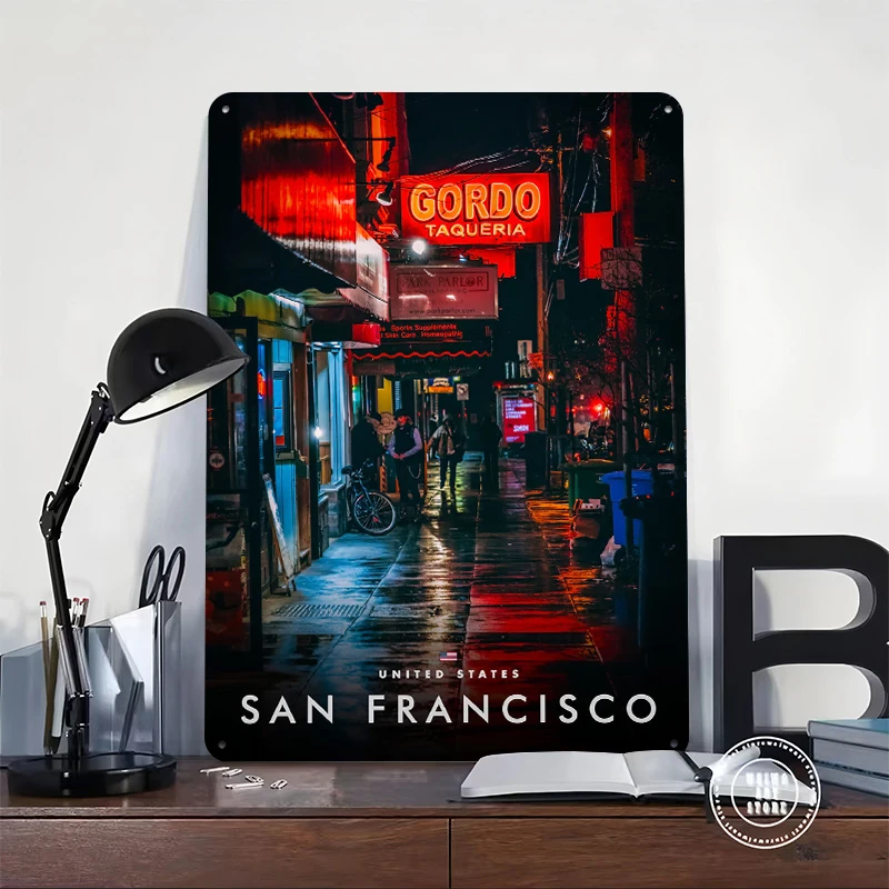 San Francisco Taqueria At Night Poster Customized Vintage Metal Signs Wall Art Retro Tin Plaque for Living Room Decorations Man