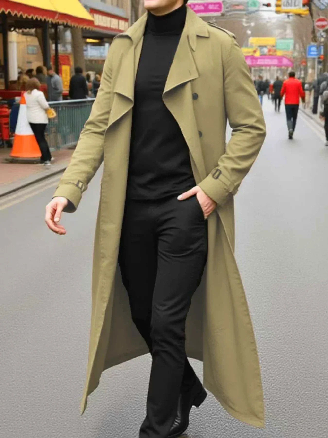 Men's Fashion Long Trench Coat For Autumn Exquisite Buttons Business Casual Style European And American X-Long Trend With Belt