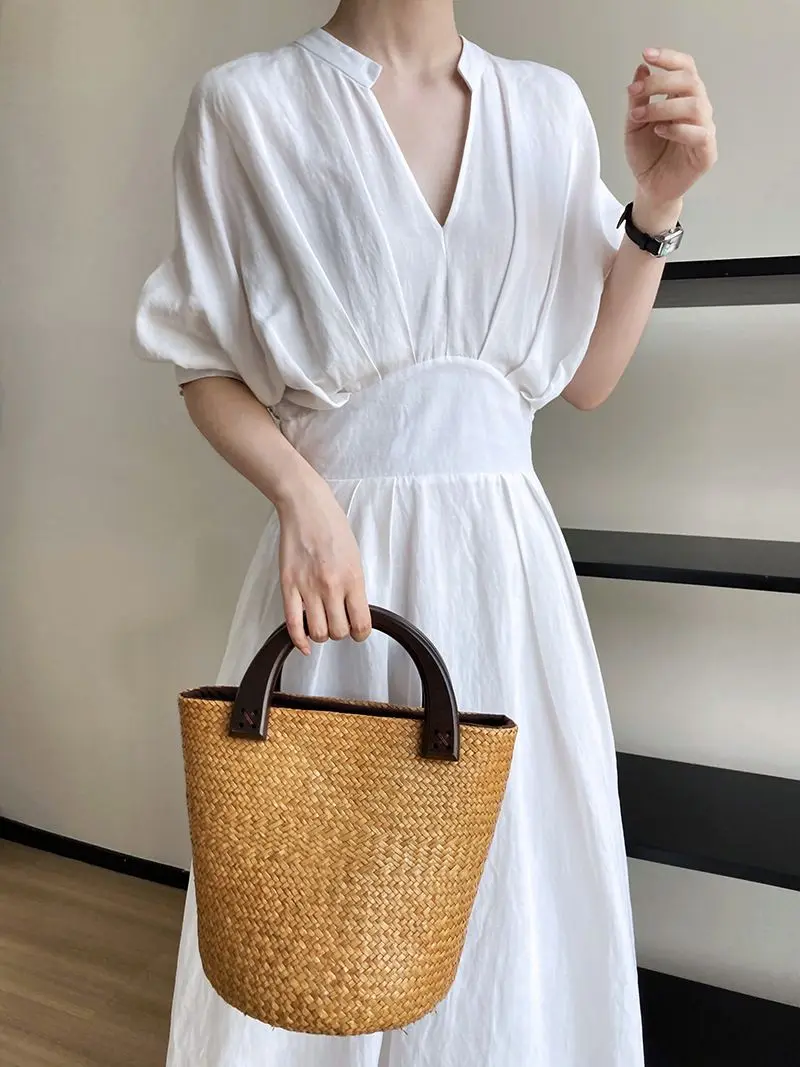 

Хлопково-льняное платье для женщин 2026: Новинка лета, французский стиль, V-образный вырез, приталенное, длинная юбка