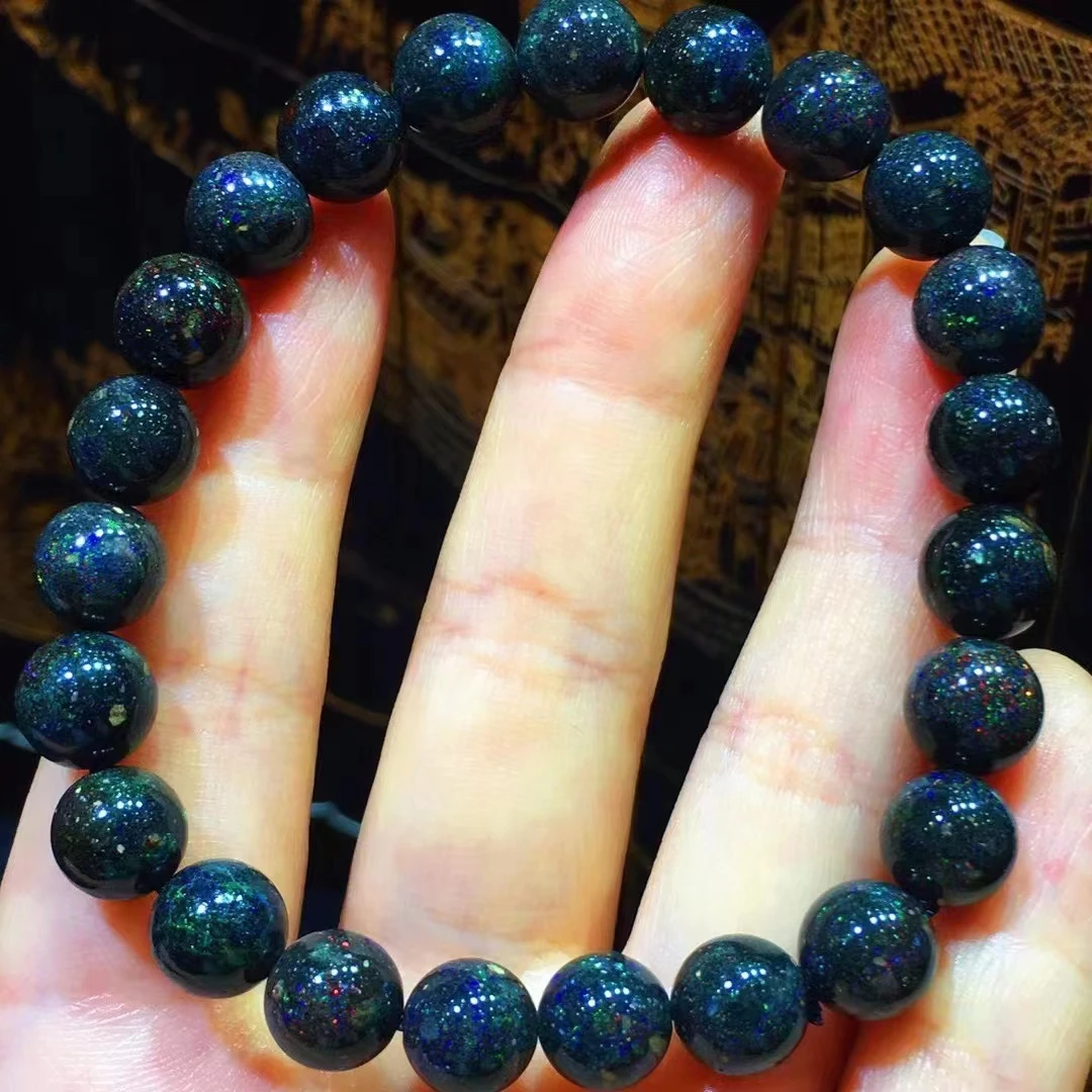 Natural Black Green Opal Bracelet Round Beads Opal 8mm Flash Light Gemstone Stretch Women Men Jewelry AAAAA