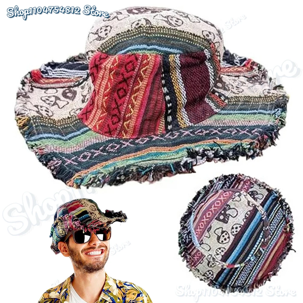 

Patchwork Multicolored Mushroom Hemp Hat with Hidden Pocket Wide Brim Bucket Hat Sun Caps Camping Fishing Headwear for Outdoor