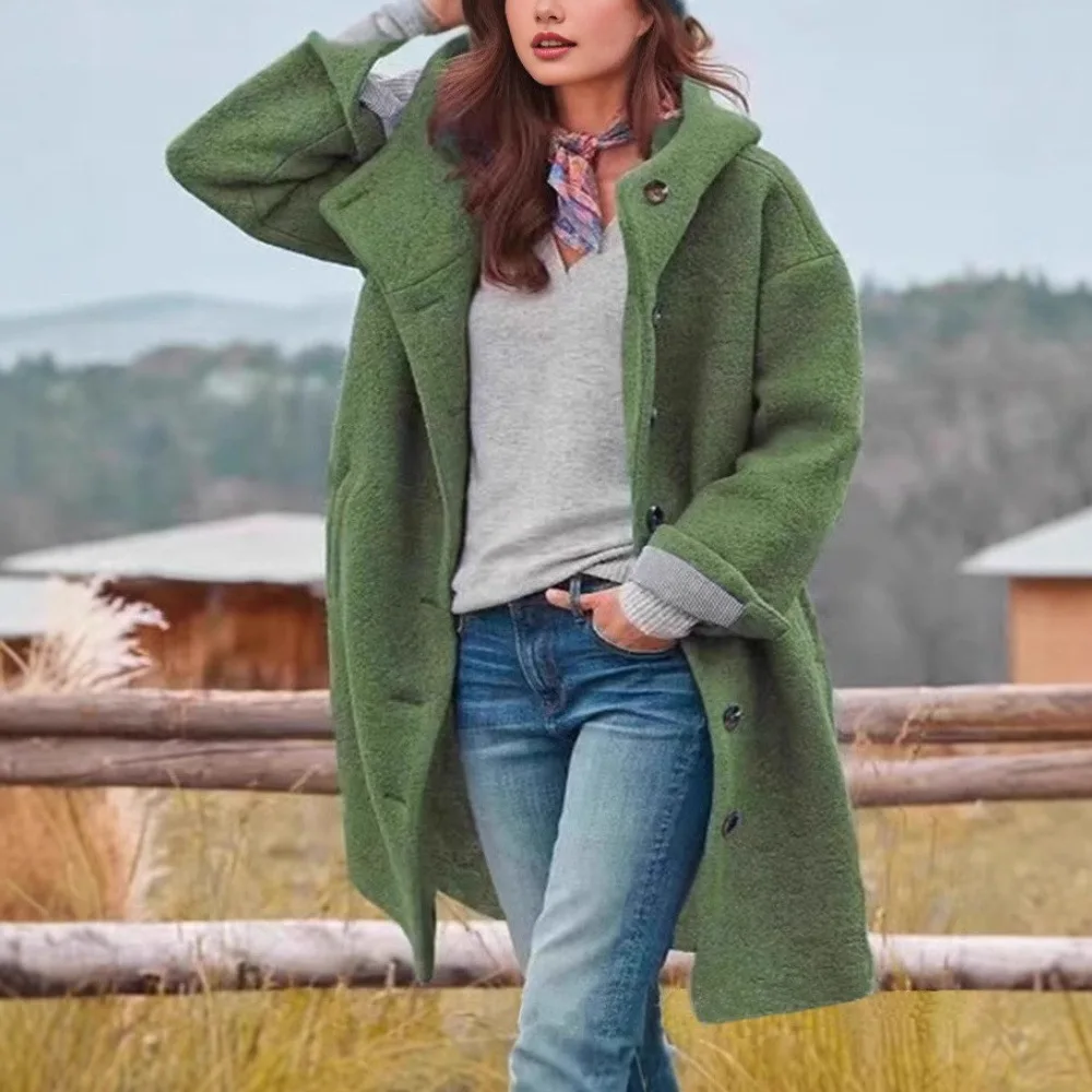 2025 New Fashion European American Women's Solid Color Casual Trendy Loose Long Sleeve Hooded Wool Blends Female Clothes Coats