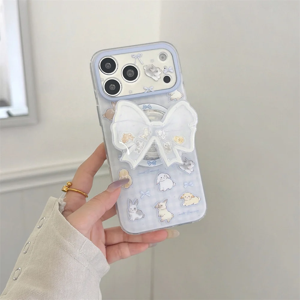 Korea Ins Rabbit Butterfly Magnetic Phone Case For iPhone 18 Pro 15 16 17 Pro Max Cover Shockproof Cute Cases with stand 18pro