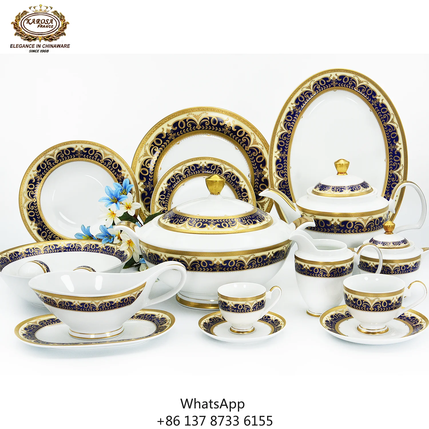 

Luxury 98pcs Elegant Porcelain Dinner Set Bule Color Including Tea And Serving Dishes With Round Plates