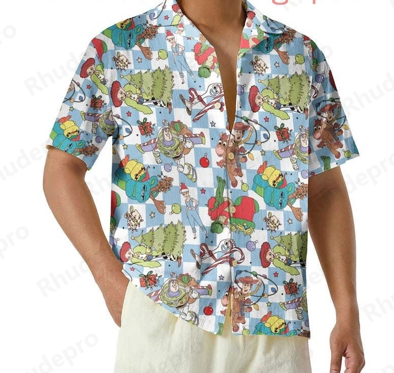 Disney 2025 toy story natal camisa havaiana das mulheres dos homens crianças manga curta botão acima camisa de praia woody e amigos camisa