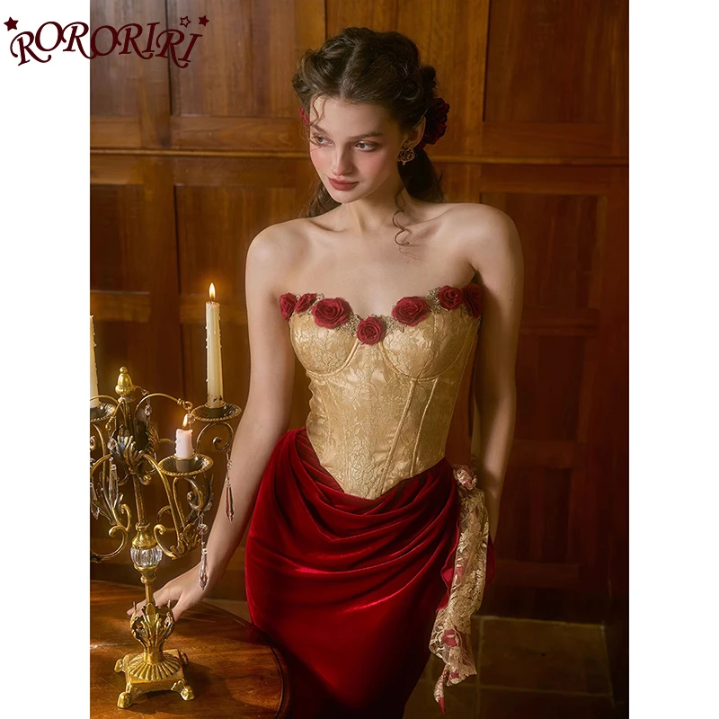 

RORORIRI Romantic Rose Boned Corset Velvet Dress Women Floral Lace Up Pleated Slit Long Evening Party Gown Retro Wedding Clothes