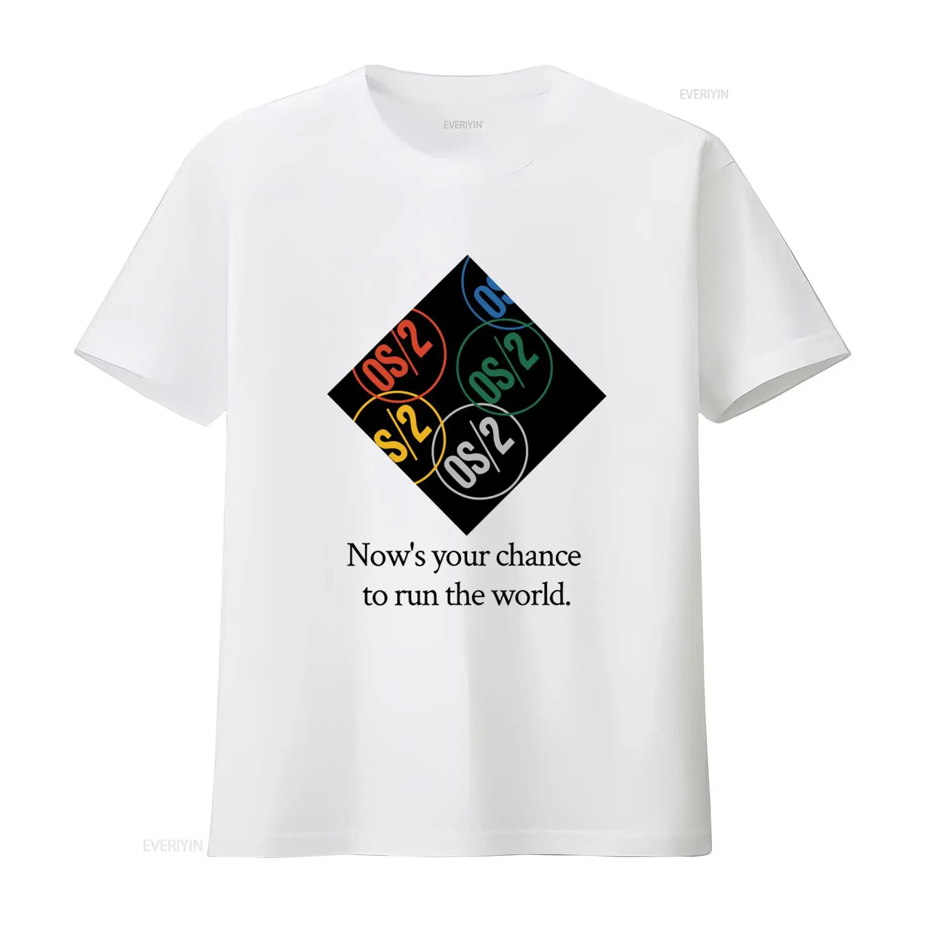 Ibm Os2 Premium Crewneck T Shirt with Colorful Logos and 'Now's your chance to run the world' Slogan vintage Washed Soft