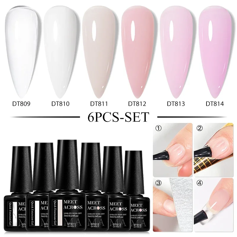 

MEET ACROSS 6Pcs/Set Clear Milky White Nude Quick Extension Gel Polish for Nails Finger Extension Nart Art Hard Gel Varnish