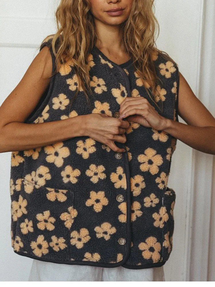 Women's Fashion Flower Print Vest Autumn And Winter Elegant Fleece Round-neck Cardigan Loose Casual Versatile Warm Vest Top