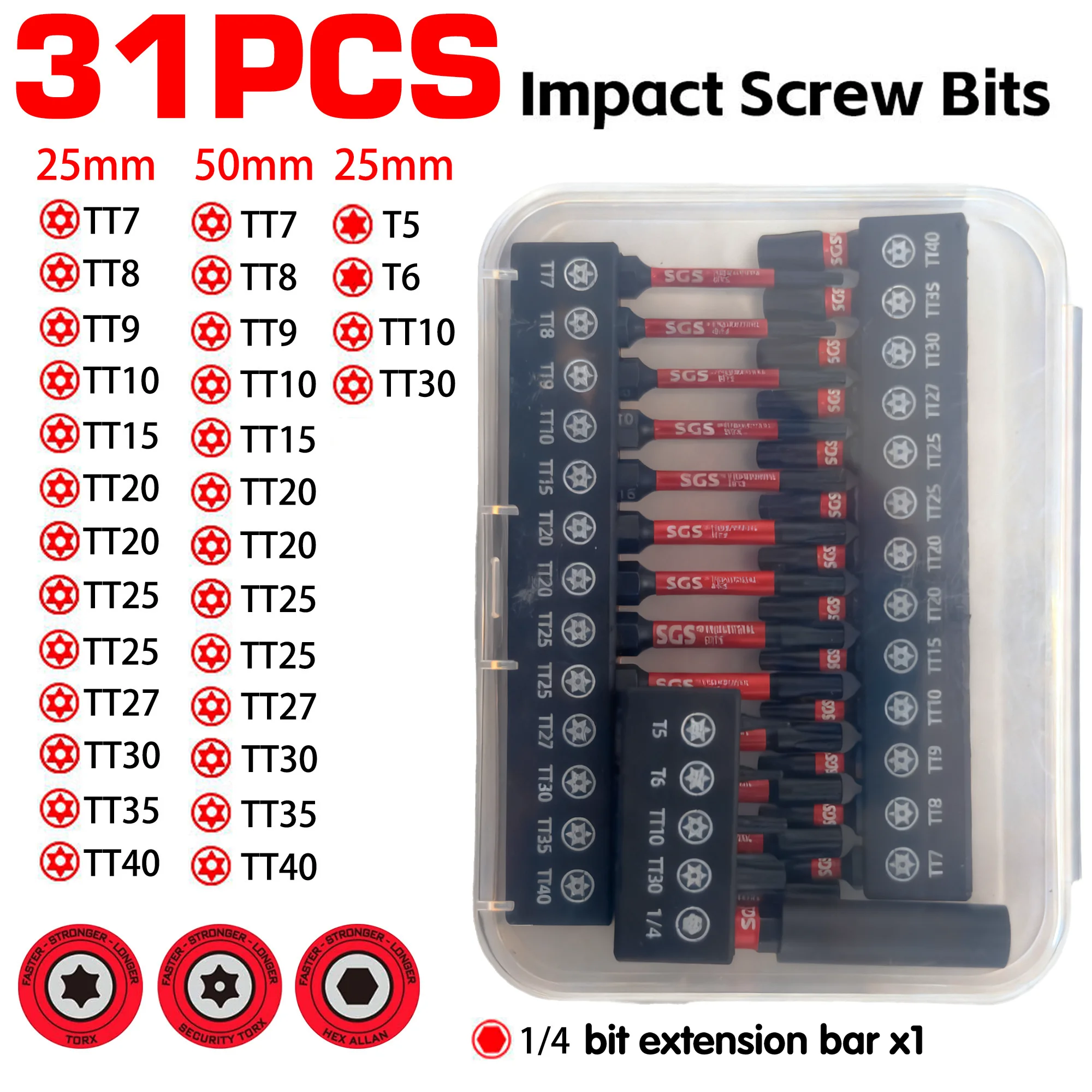 5/13/31-Piece Anti-Theft Torx Tt Screwdriver Bit Set, 25Mm+50Mm Dual Length, S2 Steel with Magnetic Torque Buffering, Rust-Resistant, Anti-Slip, Impact-Resistant, Special Accessories for Electric Drills