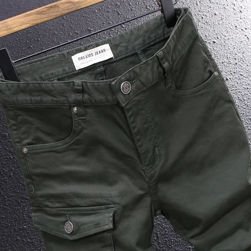 Nowe modne męskie jeansy w kolorze ciemnozielonym, elastyczne, dopasowane, z wieloma kieszeniami, codzienne spodnie cargo męskie, styl Y2K, vintage, hip-hop.