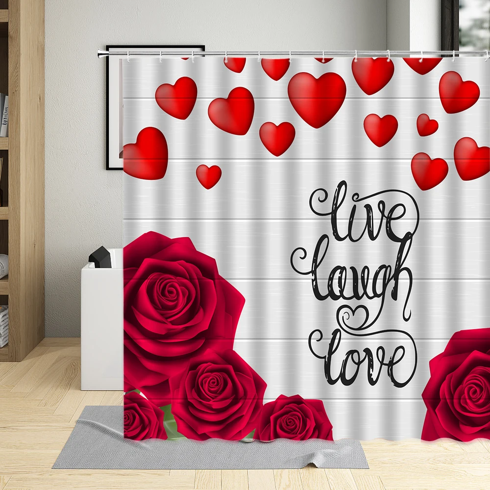 Romantic Valentine\'s Day Shower Curtain Couples Red Rose Flower Wine Glass Butterfly Piano Keys Home Bathroom Waterproof Fabric