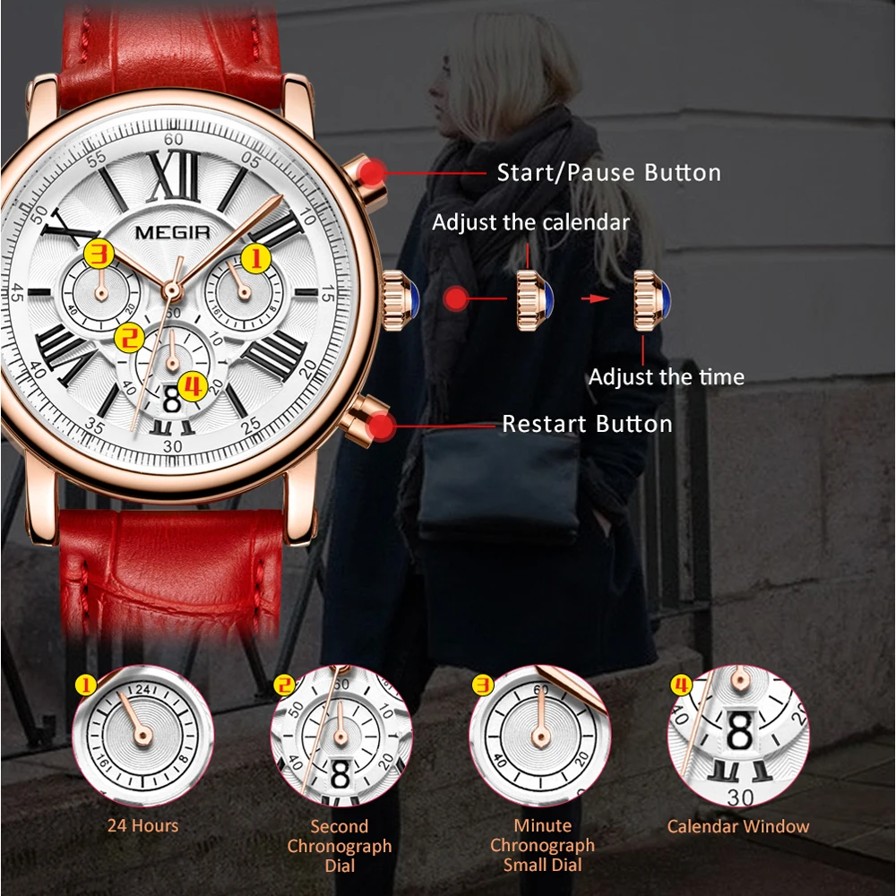 MEGIR Luxury Fashion Quartz Watch for Female Student White Genuine Leather Waterproof Quartz Chronograph Women Wristwatch