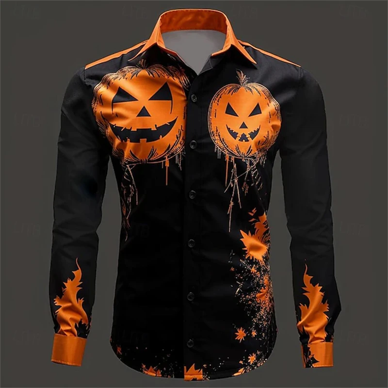 Halloween Long Sleeve Shirt Men's Pumpkin Head Printed Shirt Trendy Party Dress 2024 New Men's Street Casual Long Sleeve Top