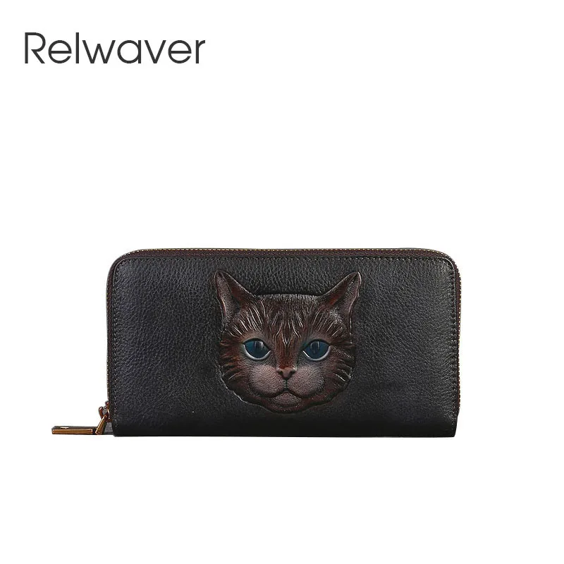 Relwaver natural cow leather wallet cat embossing genuine leather clutch wallet 2023 autumn winter zipper long wallet for women