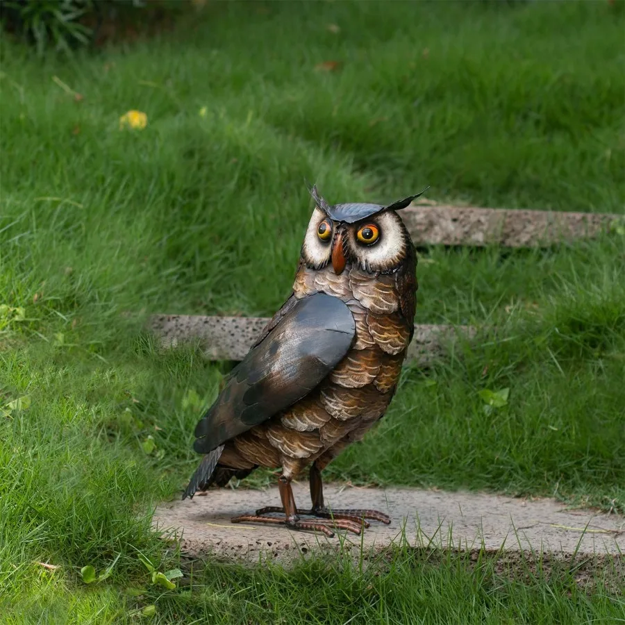 

Garden Owl Sculptures and Statues Standing Metal Bird Yard Art Sculpture for Patio Backyard Pond Outdoor Decorations Brown-1