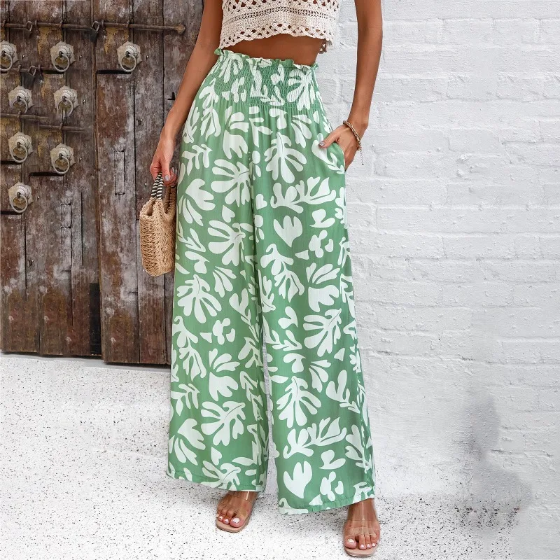 

Elegant floral print Pant for spring/summer WOMEN's Pants 2024 New pocket Elastic High Waist Casual Loose Wide Leg Pants Woman