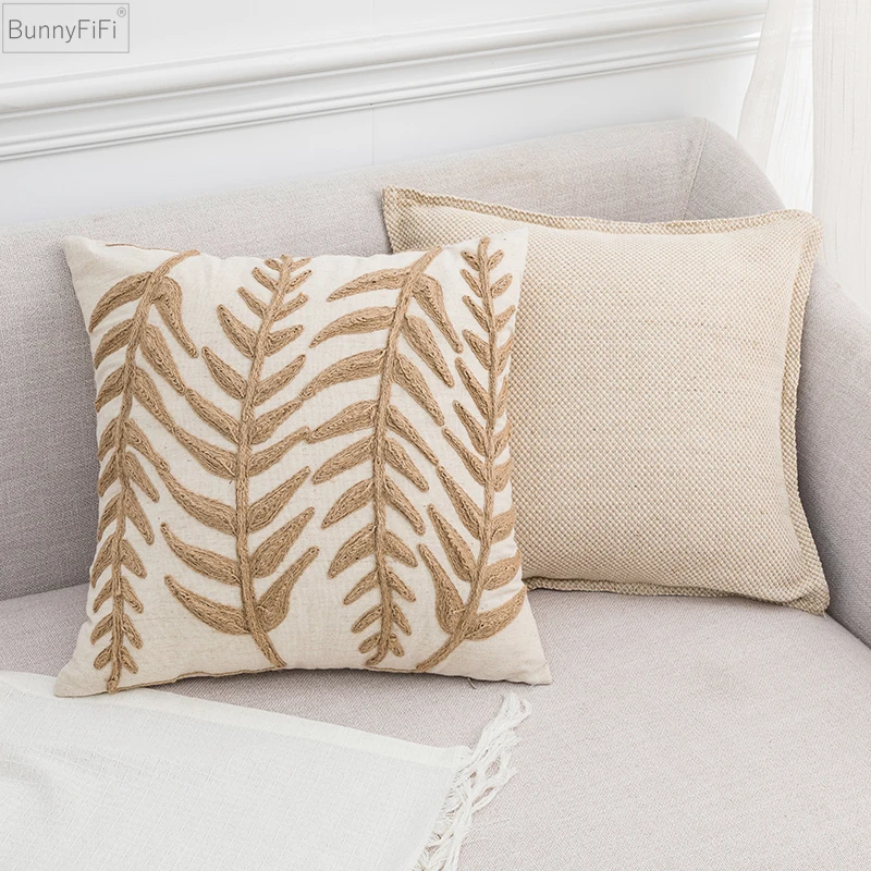 

Cover Throw Home Aesthetic Décor Cushion Pillow Cover Linen Embroidery Leaves Beige Green Solid for Living Room Bed Room 45x45cm