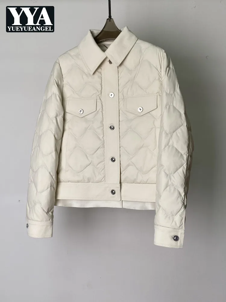 Autumn Winter Women Argyle Short Down Coat Turndown Collar Single Breasted Puffer Jacket Goose Down Warm Windproof Outerwear