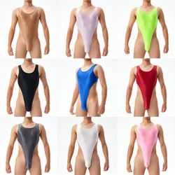 Glossy Men's Sexy Undershirts Leotard Shiny Bodysuit Sleeveless Slim Romper Bikini Jumpsuits Gay Porno Underwear