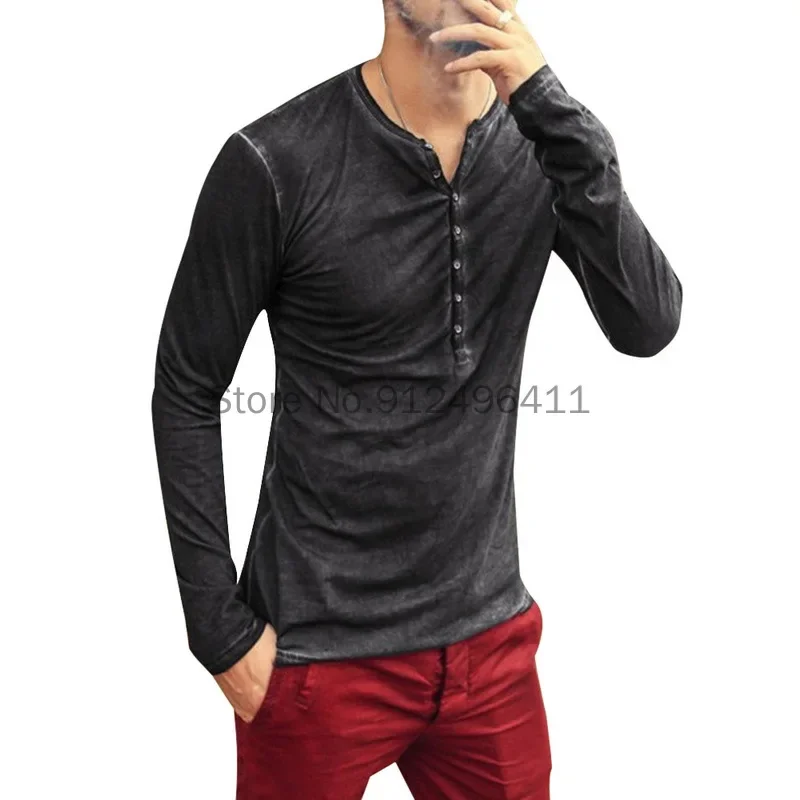 Men Medieval Tee Shirt V-neck Long Sleeve Tee&Tops Stylish Slim Buttons T-shirt Autumn Casual Solid Male Clothing Maxi  Top