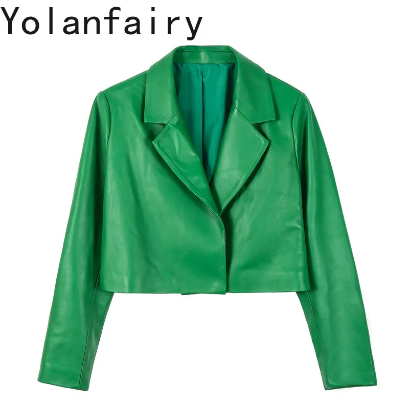 

YOLANFAIRY 2026 Autumn New Women Real Sheepskin Leather Jacket Suit Collar Long Sleeve Short Korean Style Genuine Leather Coat