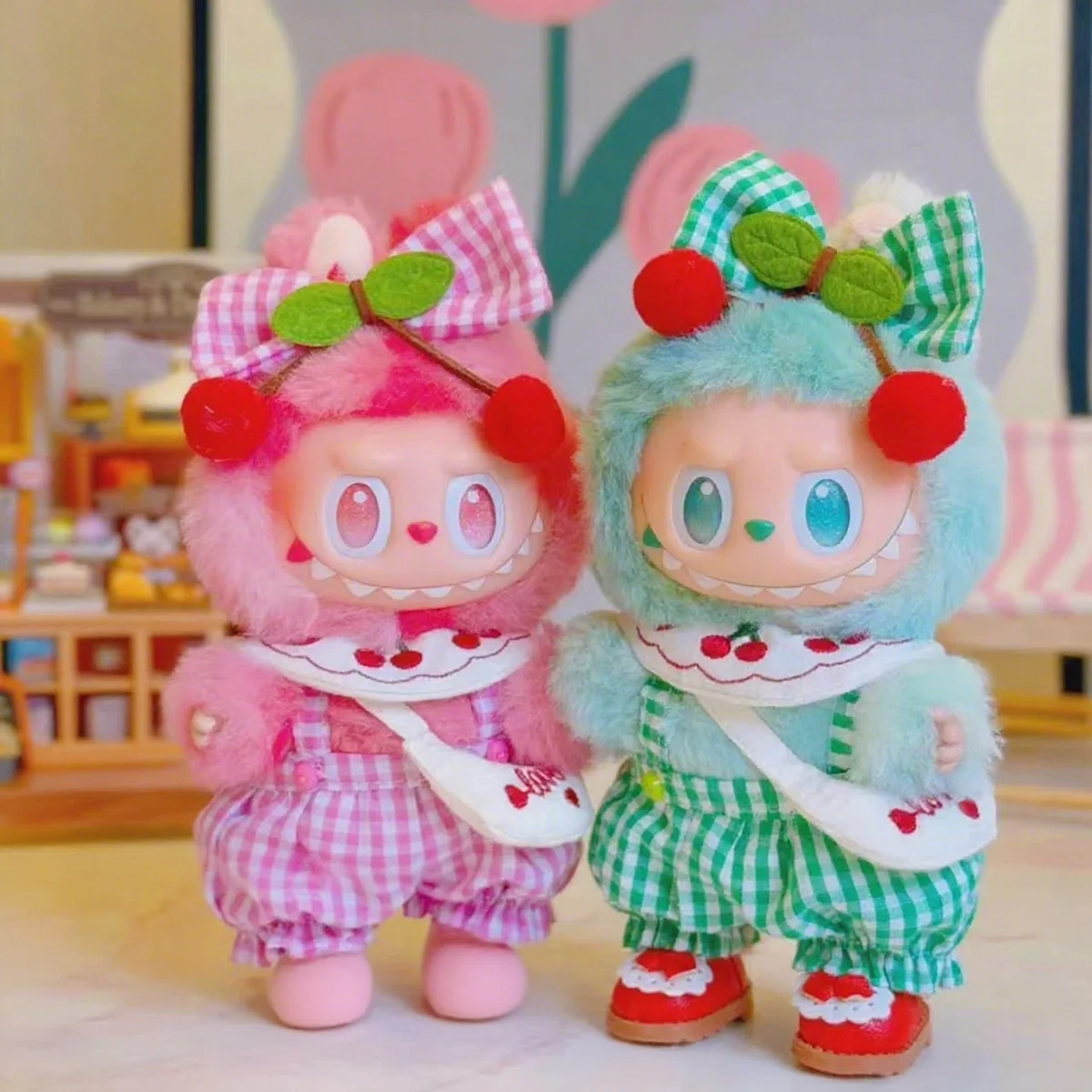 Cute Mini Plush Doll Clothes Cherry Suit for 17cm Labubu Clothes Checked Jumpsuit Bow Outfit Accessory Fashion Gifts