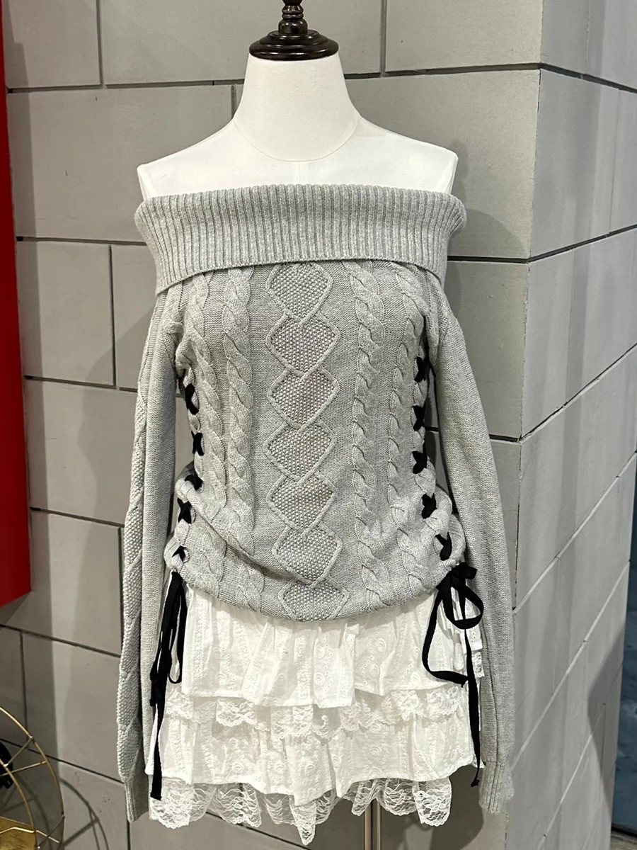 

Side Lace-up Grey Sweater Woman Spring Slash Neck Long Sleeve Twisted Flower Slim Pullover Sweet Girl Preppy Style Cotton Jumper